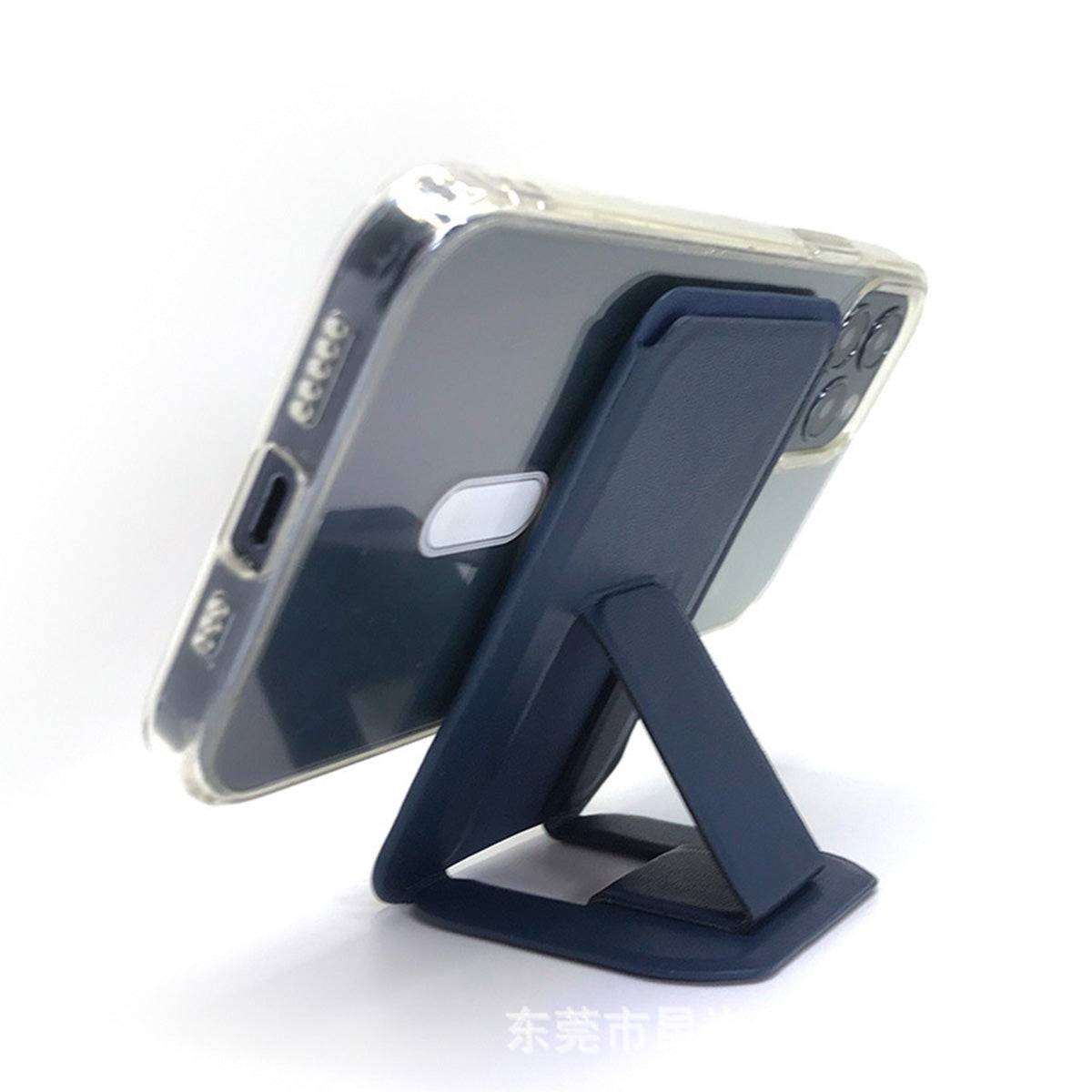 Angled perspective of the MRC043 Magnetic Leather Phone Wallet Stand, demonstrating its strong magnetic attachment and ergonomic design.